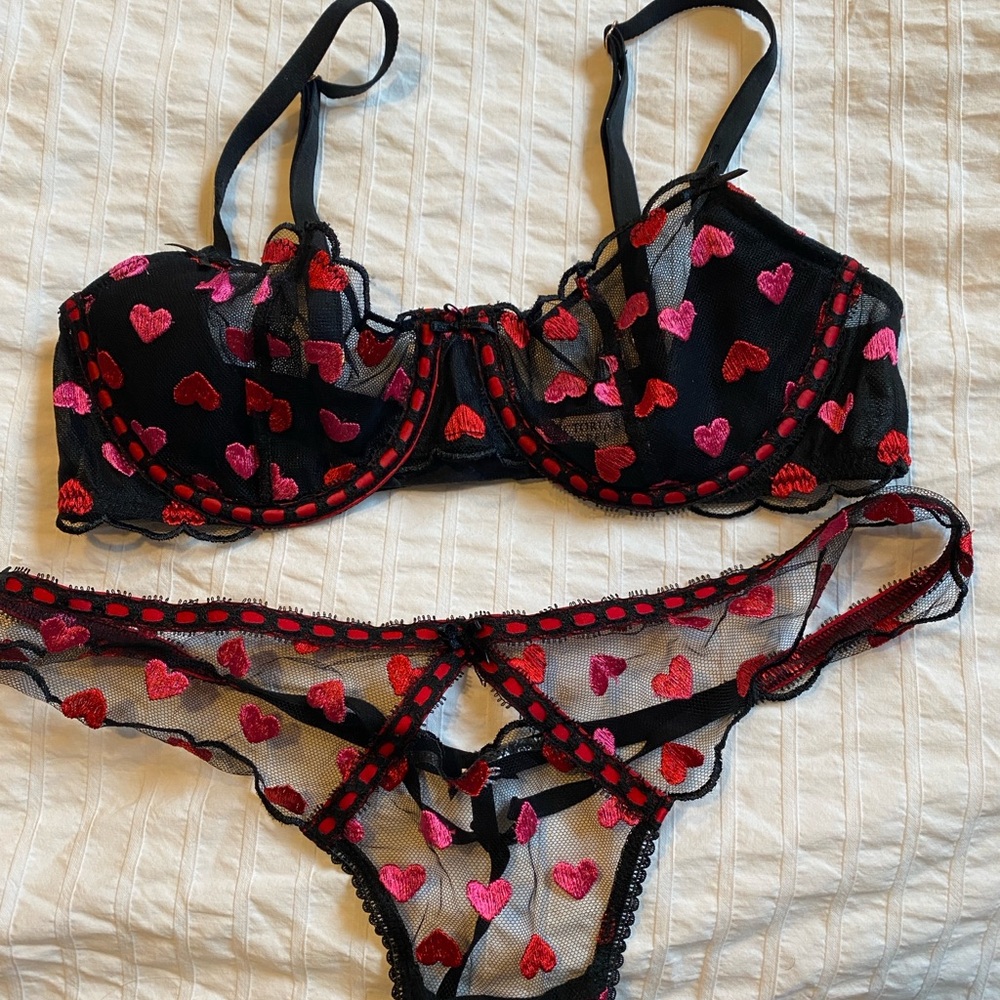 Victorias Secret Heart Embroidered Black and Red Lingerie Set